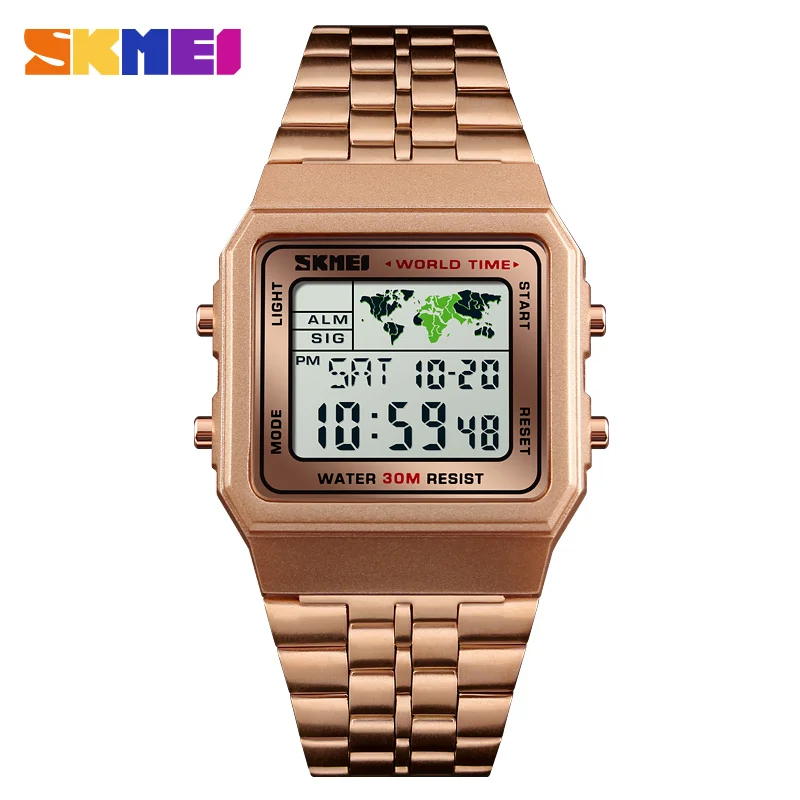 SKMEI Top Luxury Fashion Sport Watch Men Alarm Clock 3Bar Waterproof Stainless Steel Strap Digital Watches reloj hombre 1338 