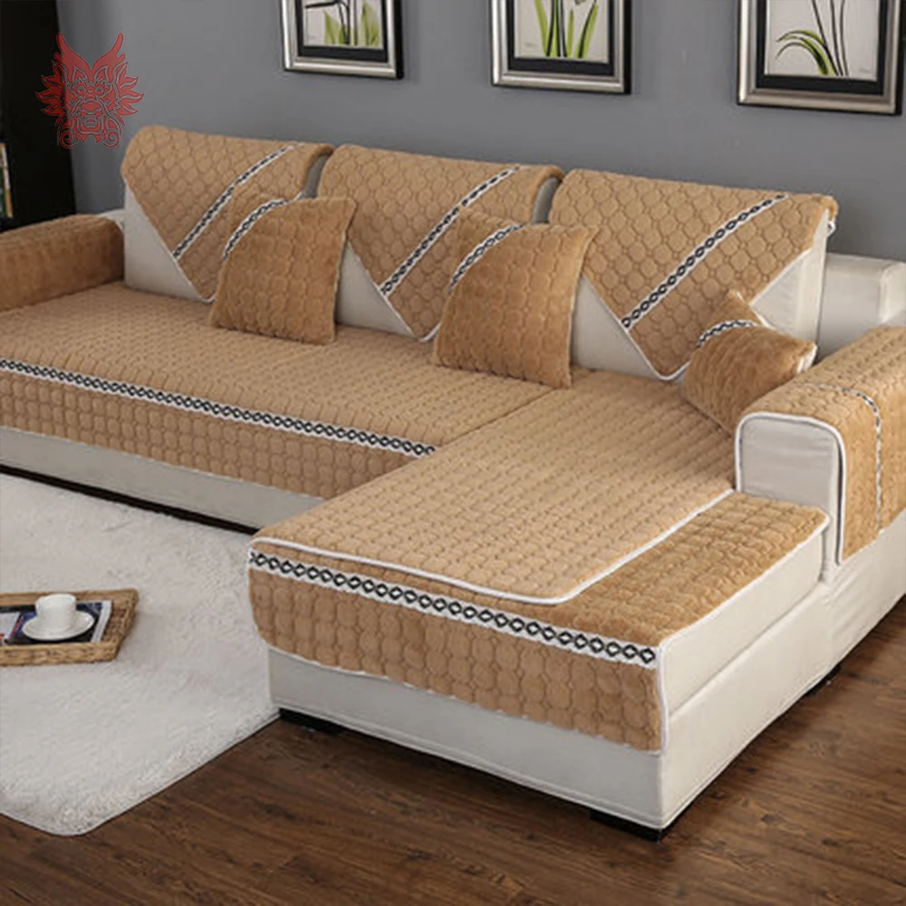 Khaki grey plaid quilted sofa cover for living room plush long fur