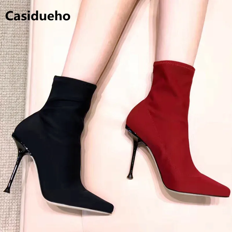 

Stretch Fabric Women Boots Thin Heels Stiletto Sexy Shoes Woman Pointy Toe Summer Sandalias Short Booties Ankle Botas Shoes 2018