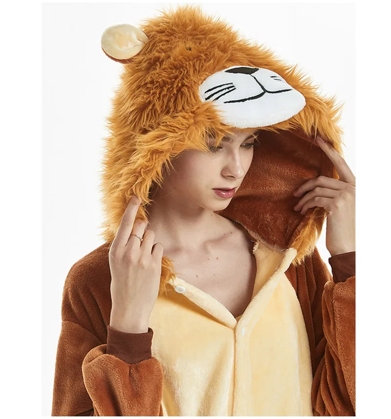 Flannel Adult Cartoon Animal Anime Lion Jumpsuits pajama Lovely Cosplay Lovers Costume Home Sleepwear