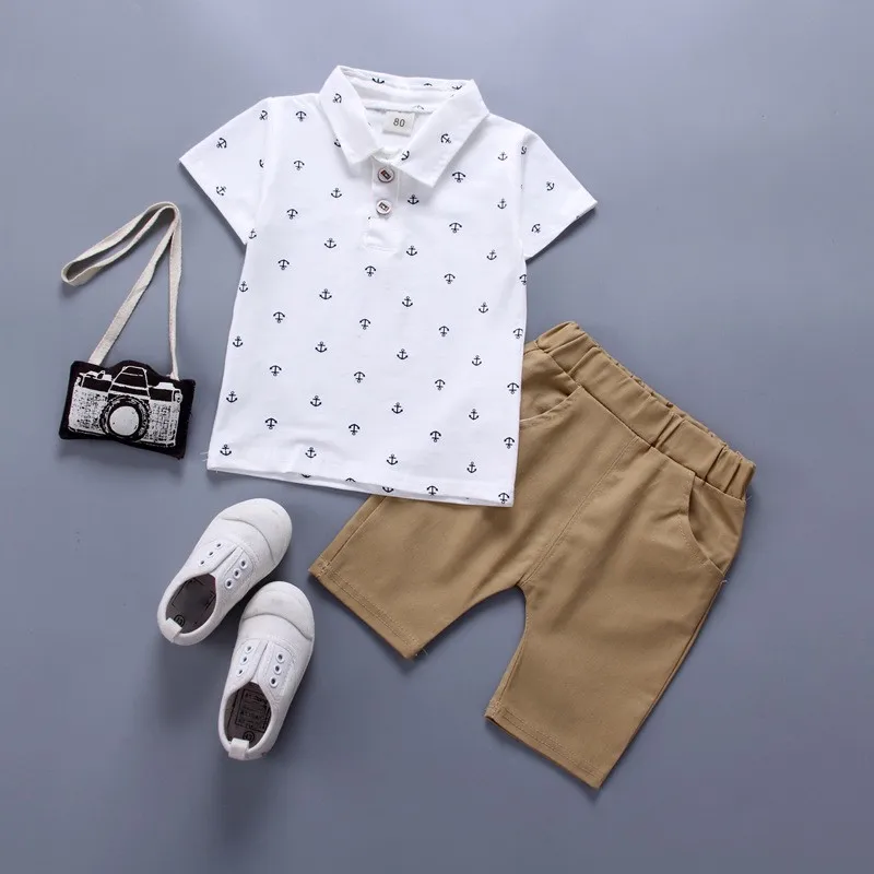 Комплект одежды для мальчиков, летний хлопковый комплект одежды для малышей с принтом якоря, темно-синие белые футболки и шорты От 1 до 5 лет, новая мода