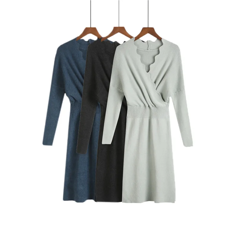 

Women Knitted Cotton Skinny Sweater Dresses Sexy V neck Cross Elasticity Slim Dress Women Autumn Casual Jumper Vestidos Female