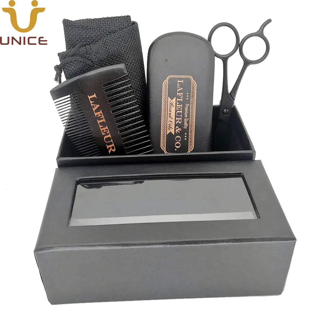 MOQ 100 PCS Black Wood  Beard Kit Customized LOGO Fine & Coarse Tooth Comb & Boar Bristle Beard Brush & Scissors in Gift Box