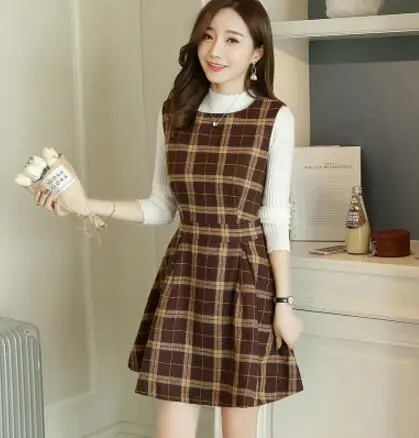 Шерстяное платье большого размера для женщин, одежда осень/зима, новое корейское тонкое платье без рукавов в клетку, Женское шерстяное платье-жилет 4XL - Цвет: brown Plaid
