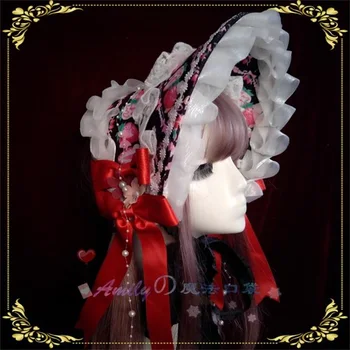 

Gorgeous Victorian Bnt Japanese Gothic Princess Black strawberry Bonnet Headwear Sweet Lolita Bow Lace Top Hat Sun Hat Women