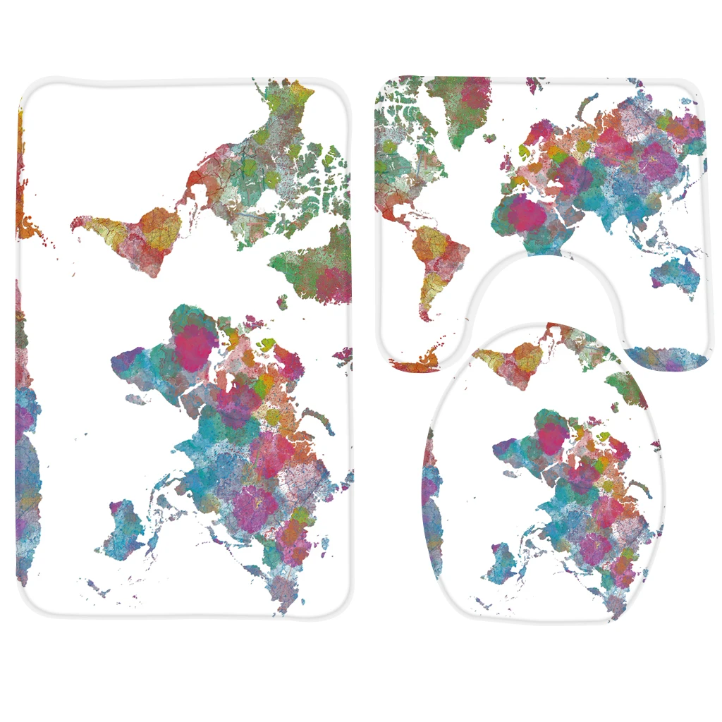 

3pcs Bath Mat Set Watercolor World Map Pattern Bathroom Mat Non Slip Bathroom Rug and Toilet Mat Sets