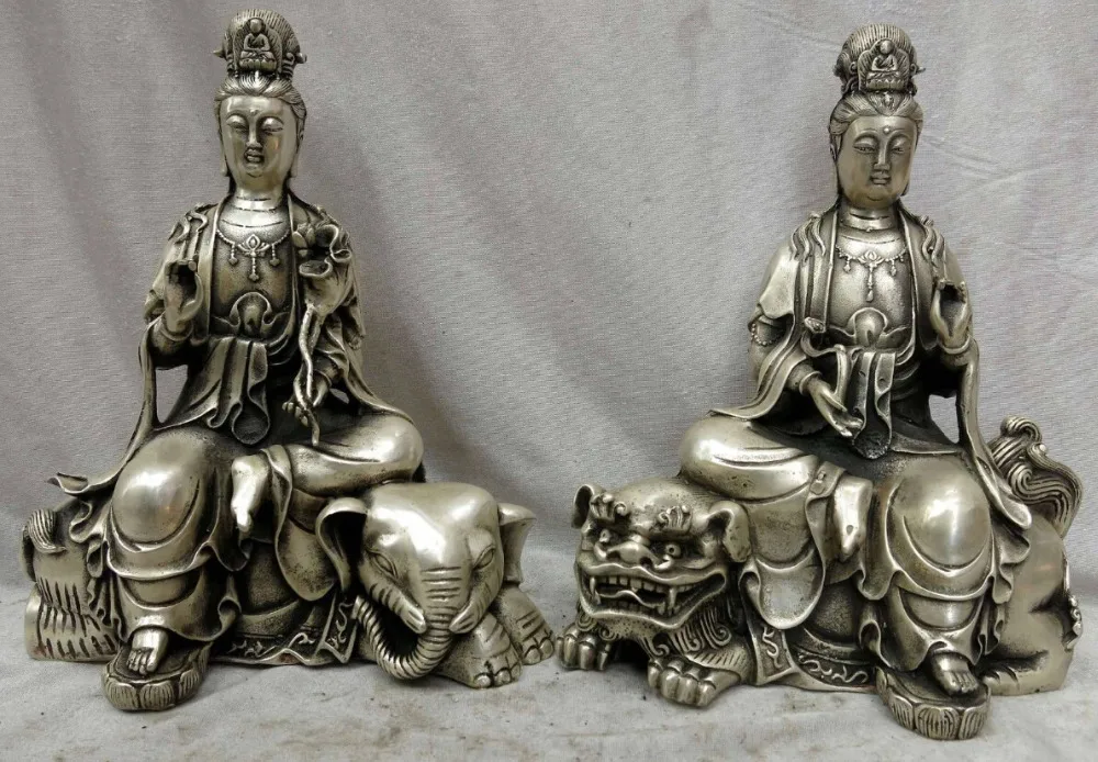 

11" China silver finely Foo Dogs Wenshu elephant Puxian Bodhisattva pair Statue