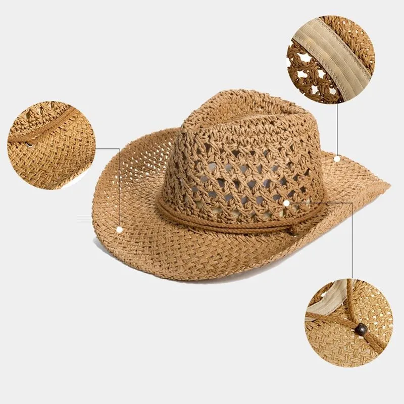 Outdoor Cowboy Hat Men's Summer Hand-made Cowboy Straw Cap Male Casual Fishing Climbing Sun Protection Breathable Hats H7260