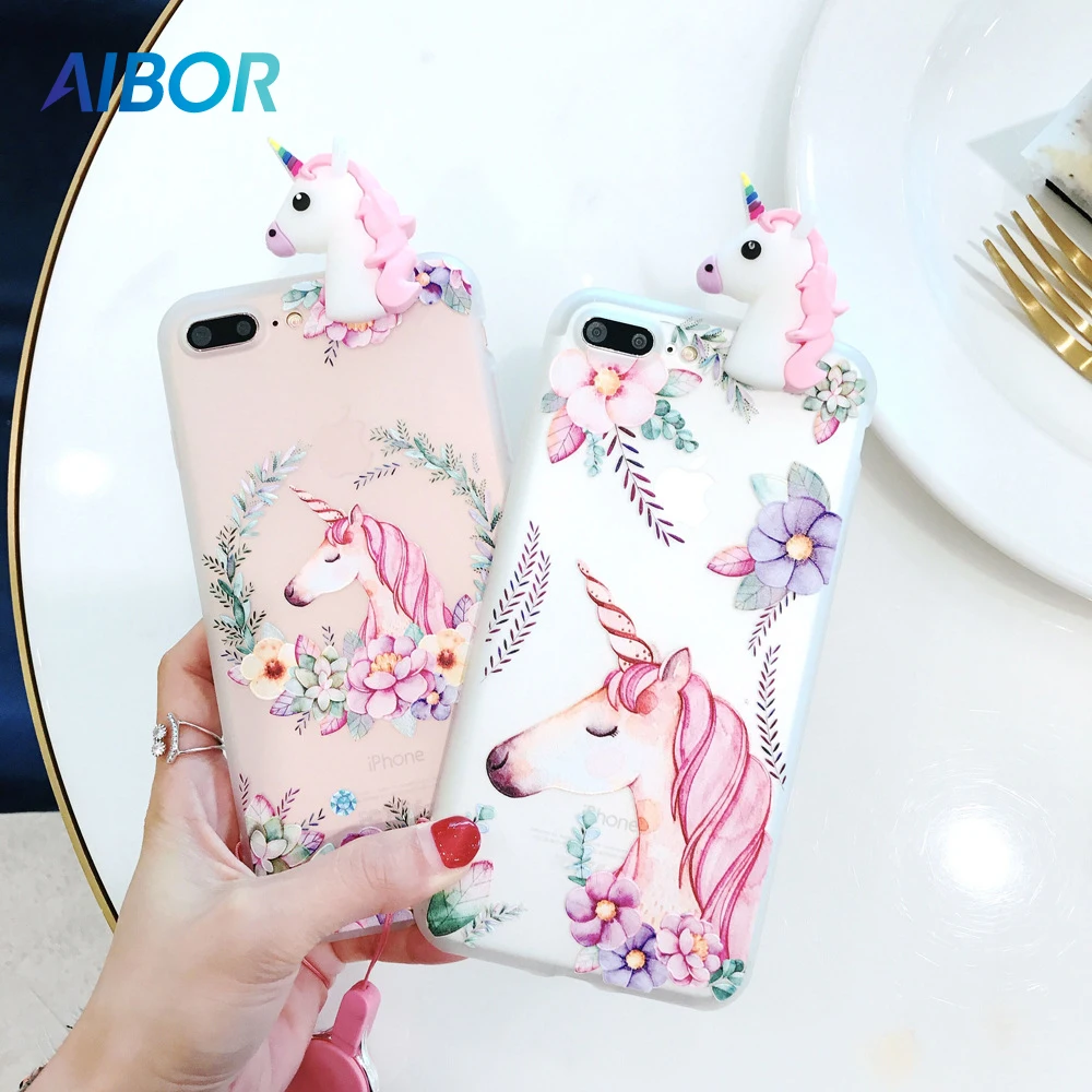 AIBOR Cartoon Cute 3D Unicorn Flower For iPhone X 5 5s SE