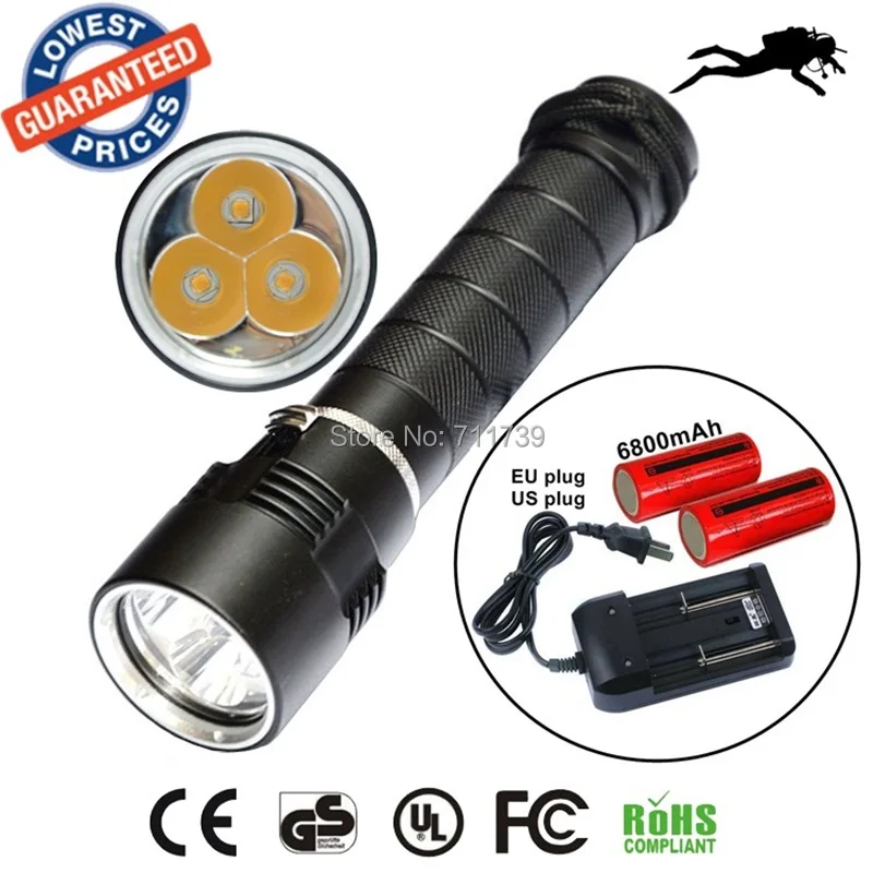 

AloneFire DV11 warm light 3XCREE XML T6 LED Diving Flashlight Waterproof 100m Diver torch Light yellow +26650 battery+charger