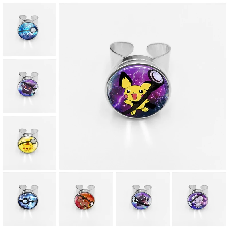 

Hot! Retro Mini Simple Anime Pokemon Go Silver Button Buckle Pikachu Glass Ring Pocket Monster Squirtle Eevee Vulpix Gift