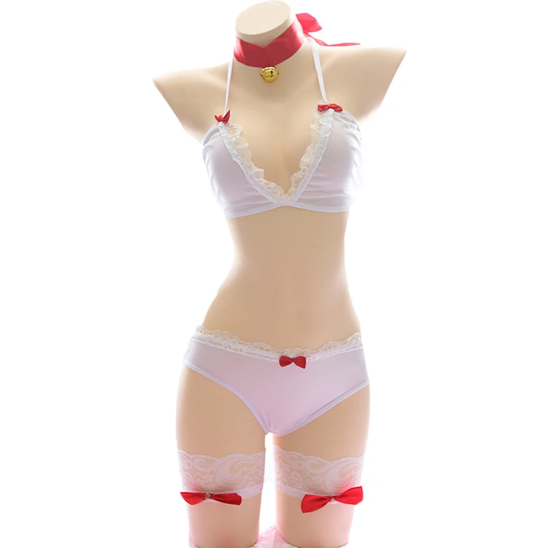 

Bow Bikini Sexy Lingerie Lolita Anime Bell Collar Cosplay Costumes Japanese Girls Underwear Bra and panty set Erotic Sleepwear