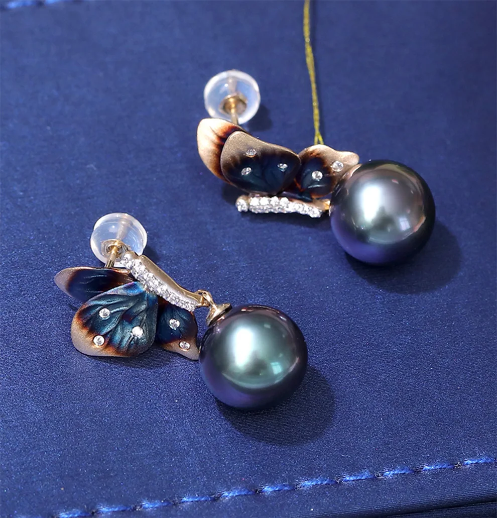 YS 14K настоящее золото элегантные серьги-бабочки 10-11 мм черный морской таитиан жемчужные серьги для женщин
