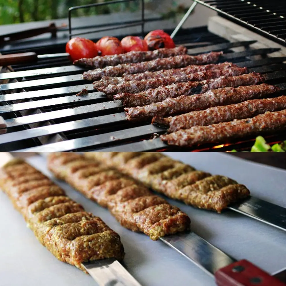Barbecue Skewers BBQ Grilling Accessories 2-10pcs 60CM/23.5" Wood Handle Long Barbecue Fork Kebab Sticks Flat Needle Turkish Grills Skewer Stainless Steel BBQ Skewers
