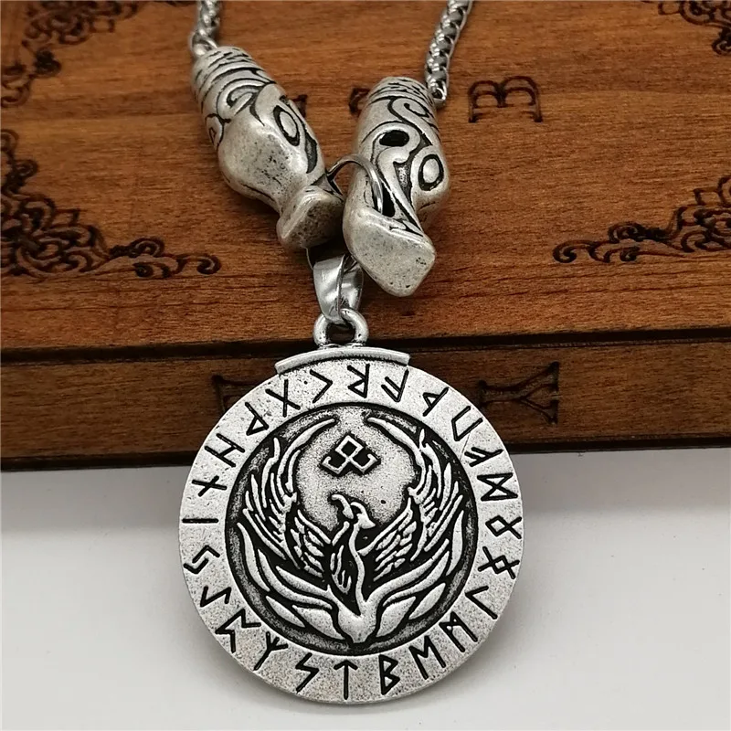 

Drop Shipping phoenix Rune Wolf Wolves pendant necklace Men Collier Viking Pagan Jewelry