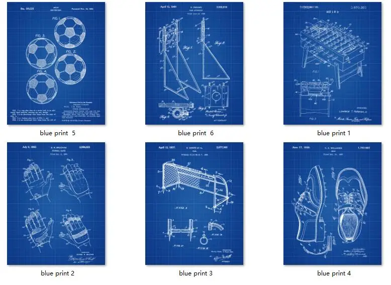 Футбол Европейский Футбол патент искусство 6 в 1 Набор Винтажный патент арт принты плакат без рамы/футбольный клуб Декор стен - Цвет: blueprint