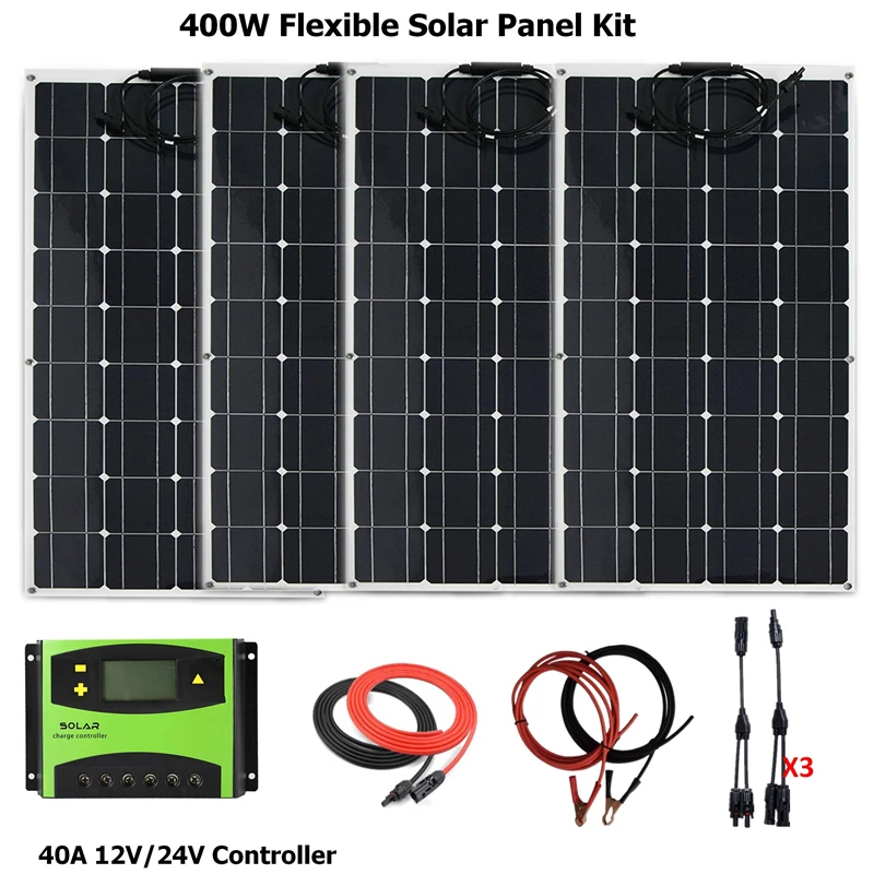 

COMPLETE KIT 400W Solar Panel Cells Flexible Solar Cell off grid+40A LCD solar controller+solar/battery cable +MC4 Connector