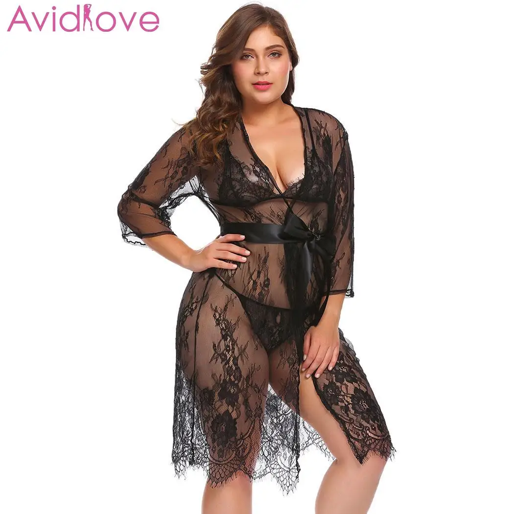 Avidlove для женщин; большие размеры привлекательное Эротическое белье Длинные ночное кружево сетки халат пижамы и наборы ухода за кожей ремень прозрач