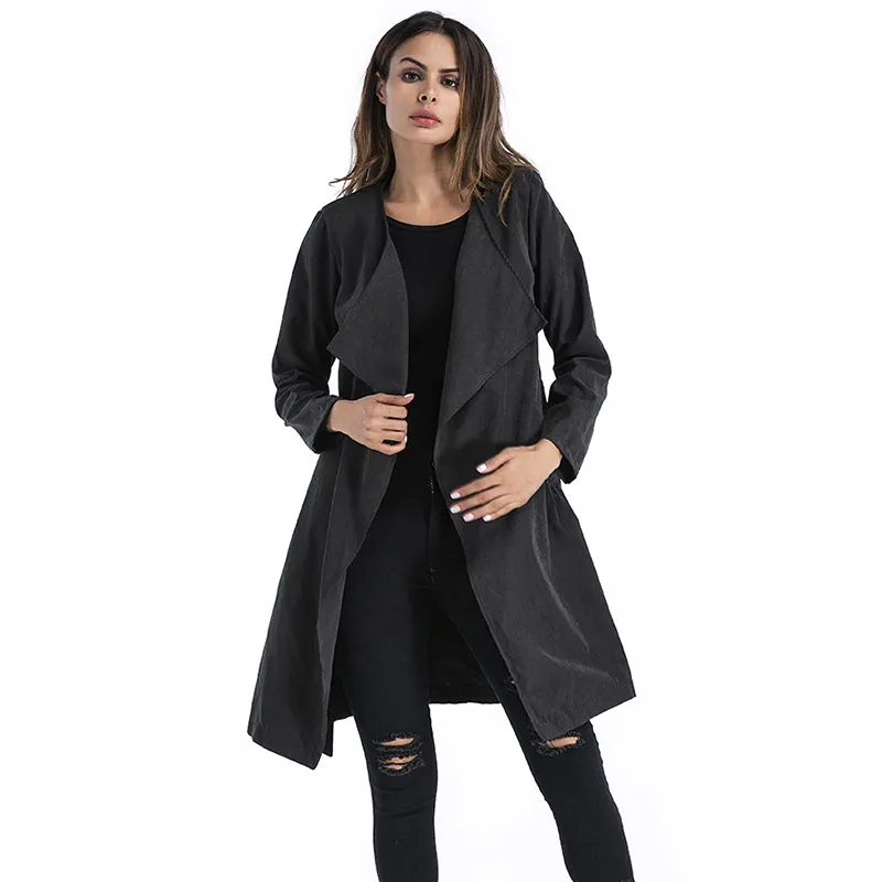 Women Trench Long Sleeve Cardigan Open Stitch Coats With Sashes Casual ...