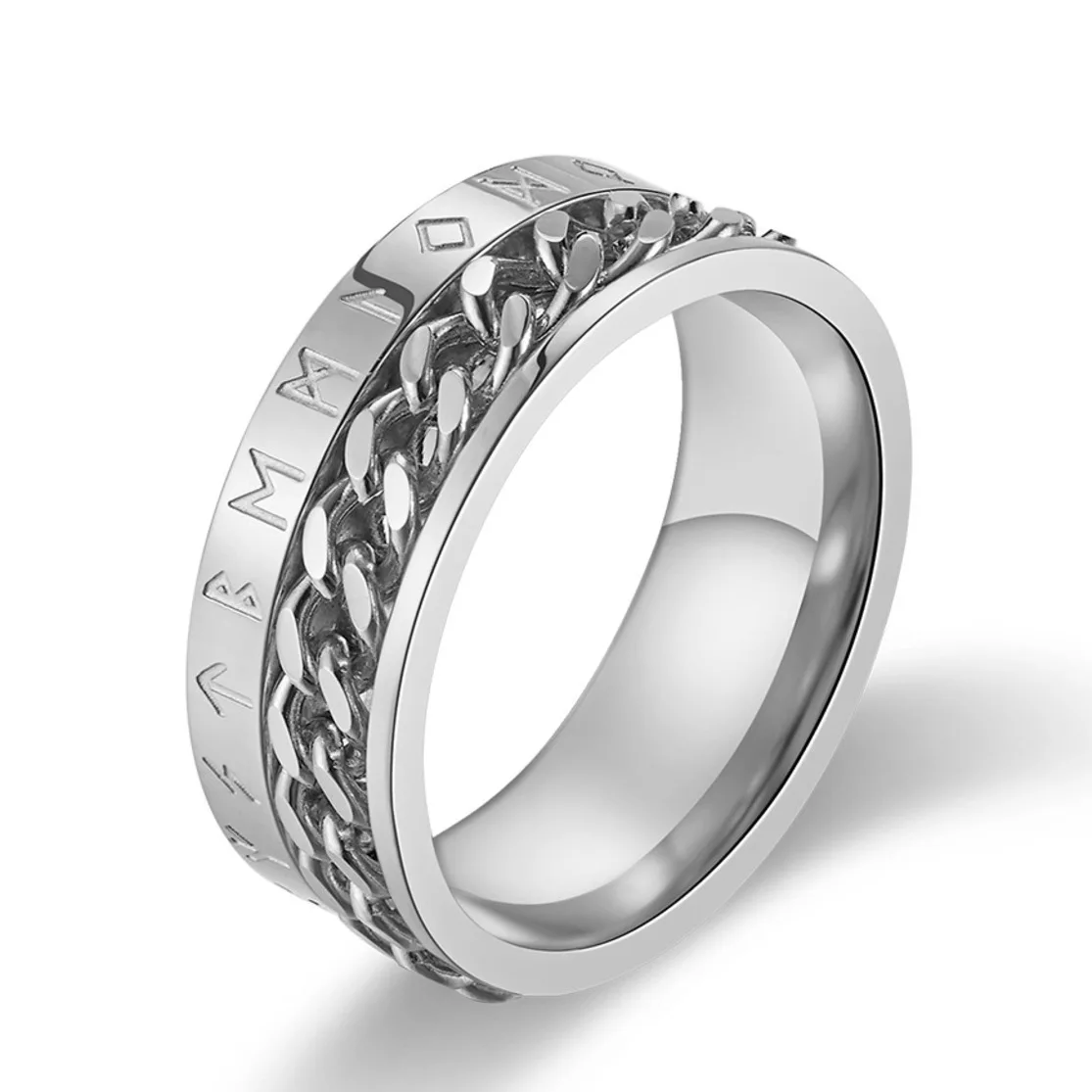 Мужская Цепочка-Спиннер из нержавеющей стали, 8 мм, вращающаяся лента, с руна викингов, Odin Norse Text, обручальное кольцо, золотые, серебряные, черные кольца - Цвет основного камня: Silver