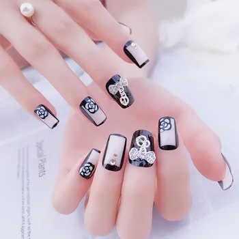

New Design 3D Shining Rhinestones Fake Nails Full Cover Nail Tips Art with Glue Black Color Flower Pringting False Nails