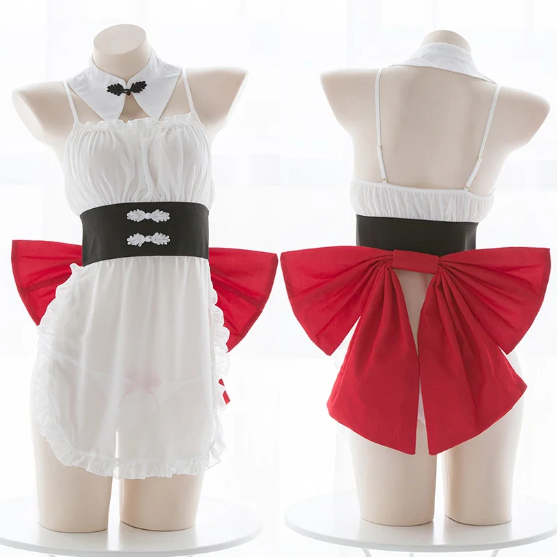 

Chinese Element Kawaii Maid Sling Apron Set Underwear Woman's Leisure Wear Sleepwear Sexy Big Bow Dress Cosplay Lingerie Set