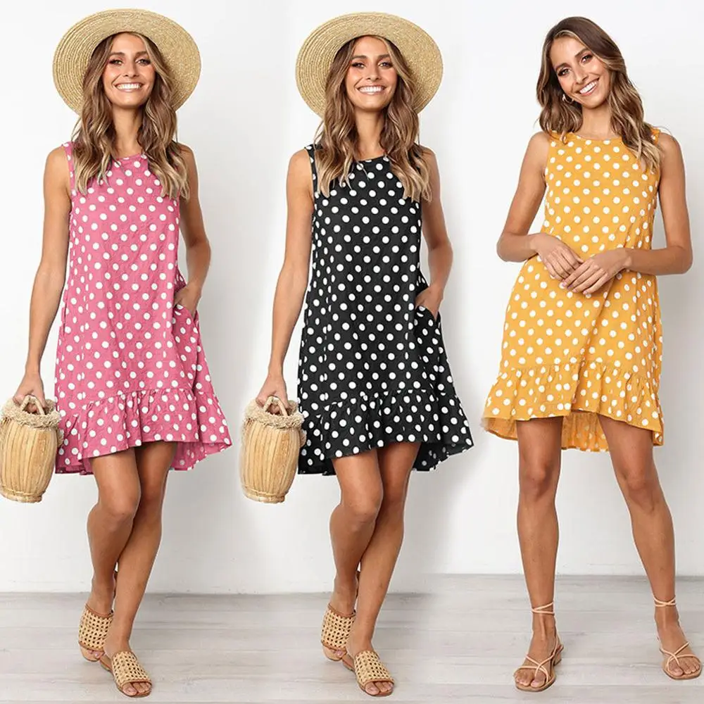

Women's Casual Round Neck Ruffle Polka Dot Sleeveless Short Sundress Mini Dress
