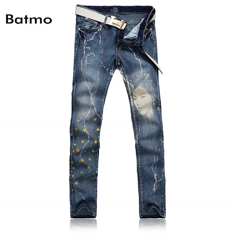 

2017 New Men fashion star printing Coloured drawing or pattern Nightclubs Jeans,blue straight Pants Jeans .28-38.