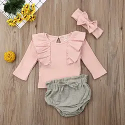 Vêtements d'été pour enfants, 3 pièces, haut à volants, T Shirt, short, tenue pour bébés filles, combinaison de soleil solide, 0 18M 