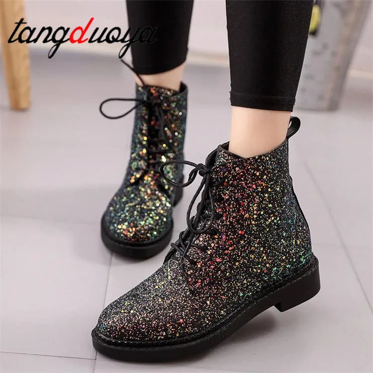 

Women Ankle Boots Heels Female Shoes Woman Autumn Glitter Lace up Boots Casual Bling Pink Black White Boots Female 2019 glitter