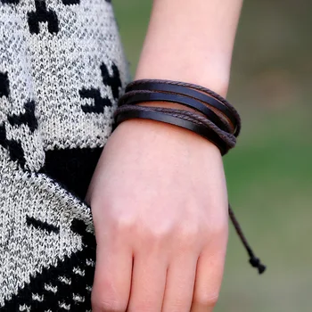 

Fashion Leather Strings Bracelets Black Brown Leather Ropes Wrap Bracelets Pulseras Jewelry
