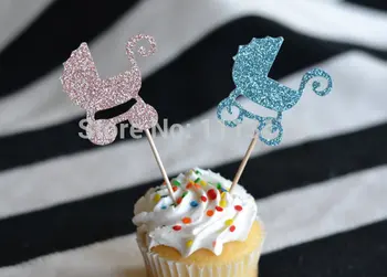 

cheap Baby Carriage Glitter Cupcake Toppers : Baby Shower/Gender Reveal party Toothpicks - Food Picks wedding bridal decorations