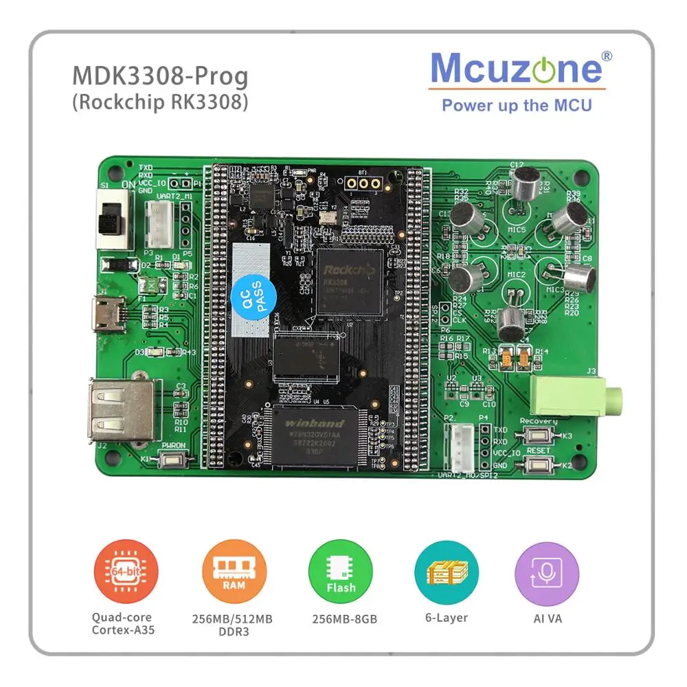 Rockchip RK3308 на базе MDK3308_Prog, четырехъядерный Cortex-A35 до 1,3 ГГц, 256 Мб DDR3/3L 256 Мб NAND, AI VA HMI MT7601 USB wifi