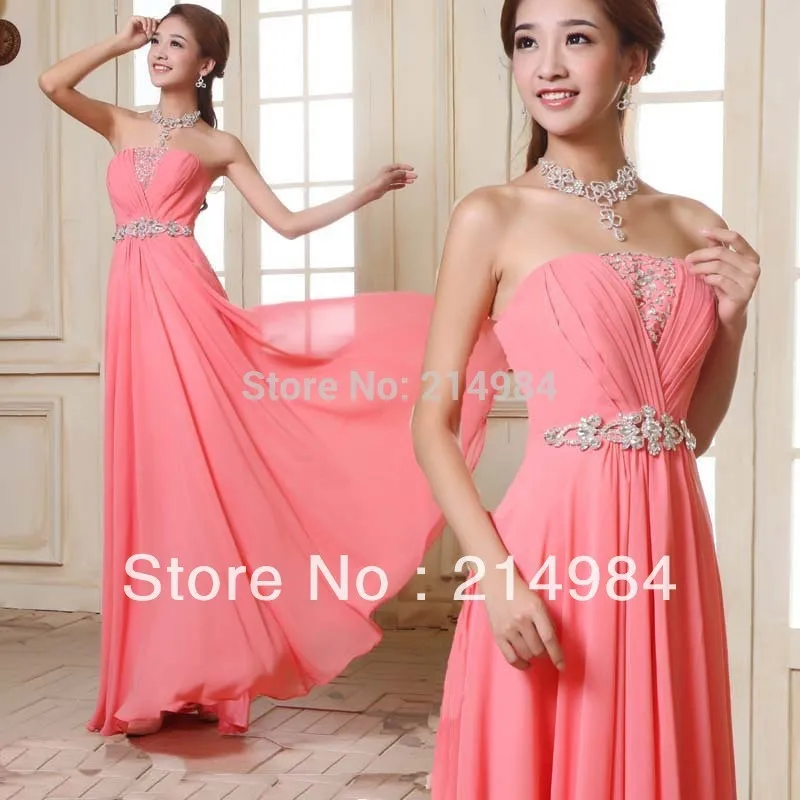 Elegant Strapless Watermelon Red Formal Dress Slim Long Design Chiffon Evening Dresses Prom Party Gowns 2014 Free Shipping | Свадьбы и