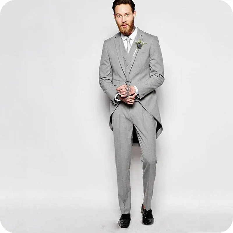 Vintage Grey Tailcoat Men Suits Wedding Suits Slim Fit Man Blazer Costume Homme Jacket 3Piece Pants