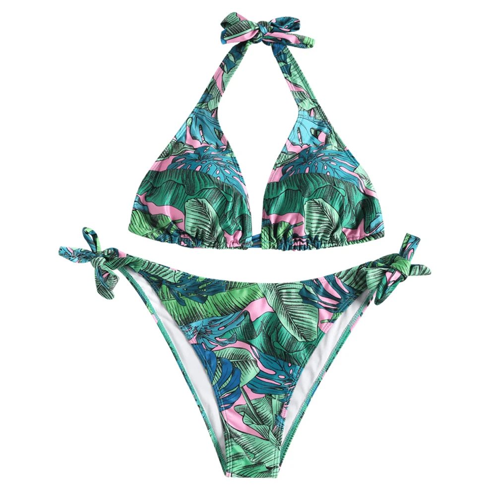 Plus Size Women Swimsuit Swimwear Tropical Leaf Print Halter Bikini Set