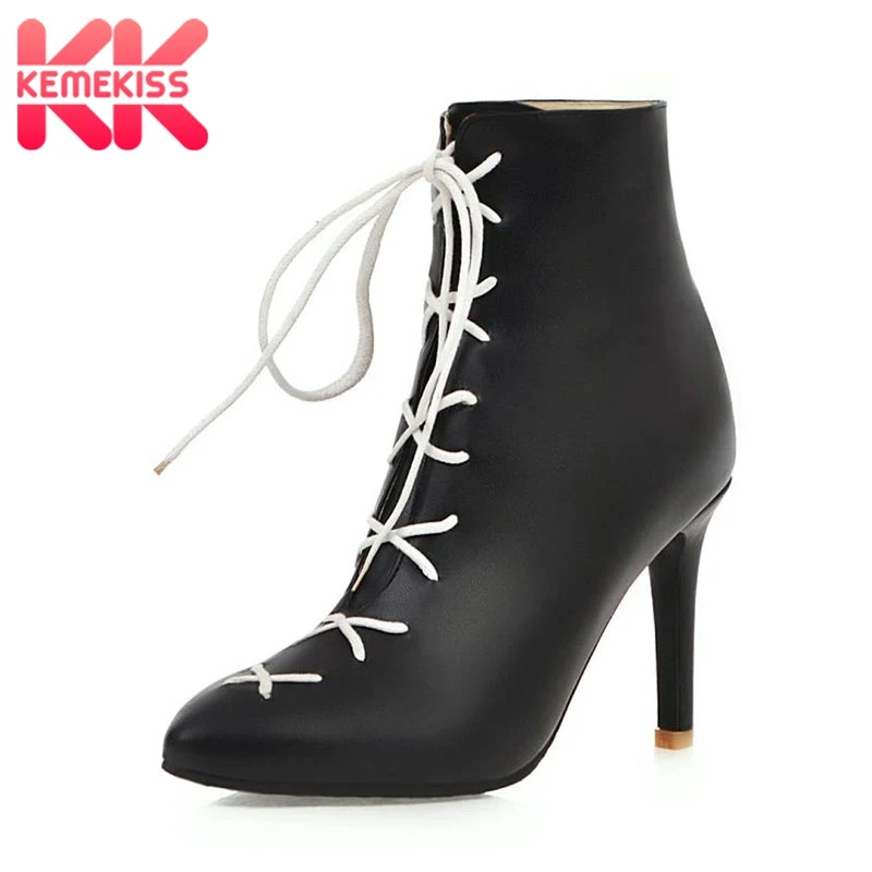 

KemeKiss 2020 Winter New Arrival Plus Size 31-48 Women Ankle Boots Cross Strap Thin Heels Western Style Shoes Woman Short Boots