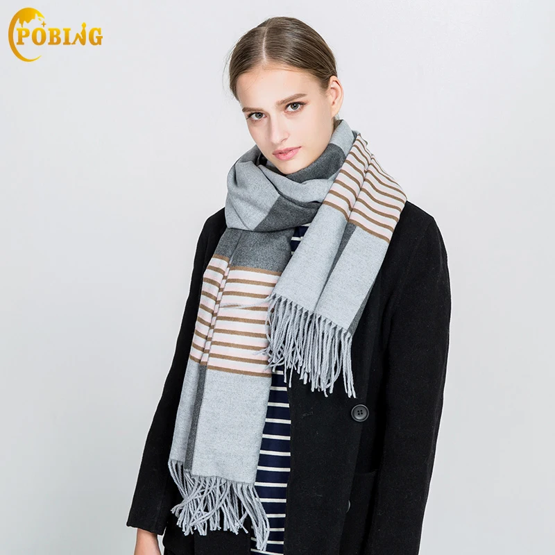 

POBING Luxury Brand Winter Scarf Women Striped Cashmere Warm Scarves Wraps Basic Acrylic Shawl Female Blanket Scarf Lady Stole