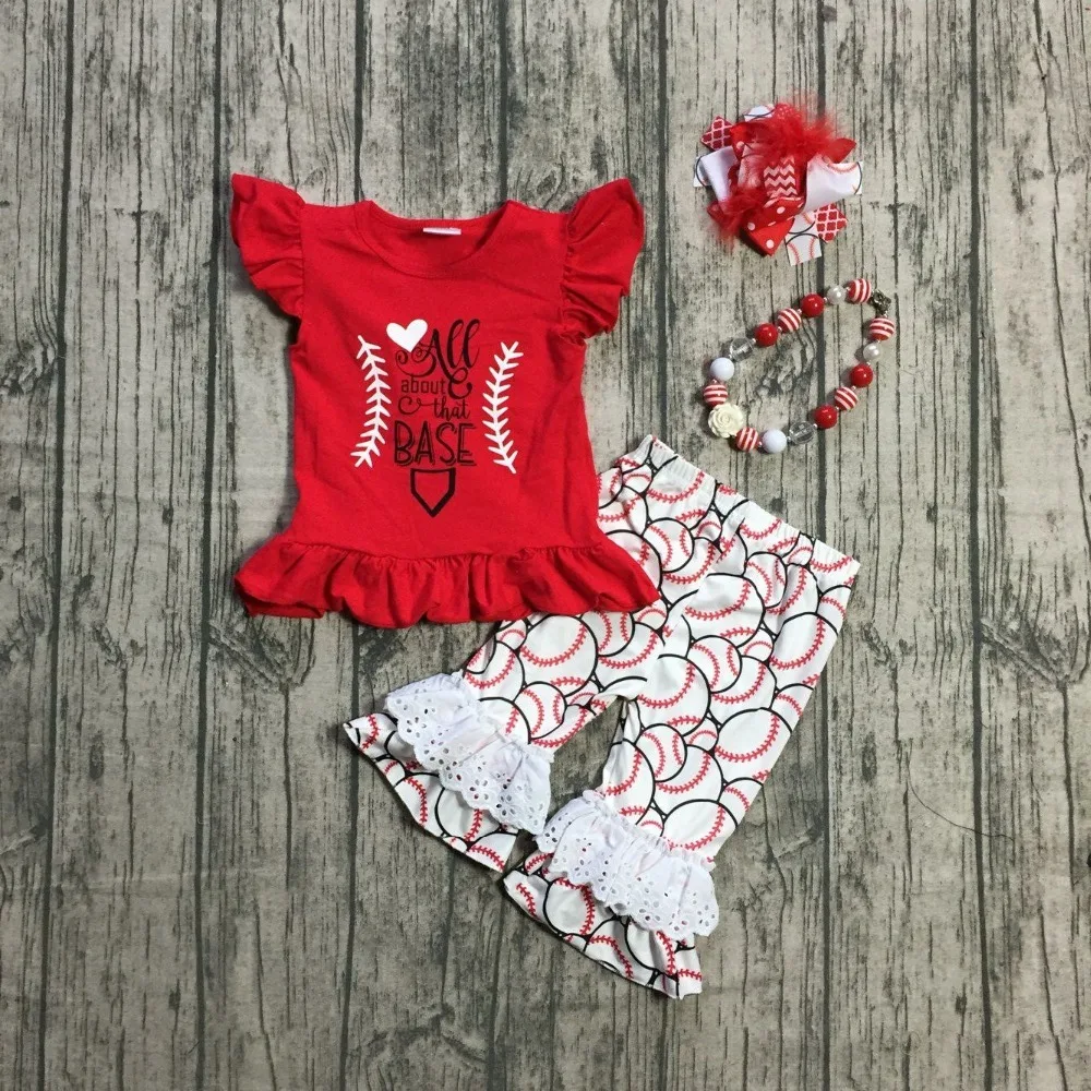 

Baseball season red baseball shorts sleeve ruffle milk silk cotton baby girls boutique clothing match with accessories kids wear