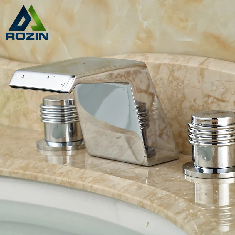 

Widespread Dual Handle Waterfall Spout Bathroom Bath Spout Washing Basin Faucet Chrome Finished