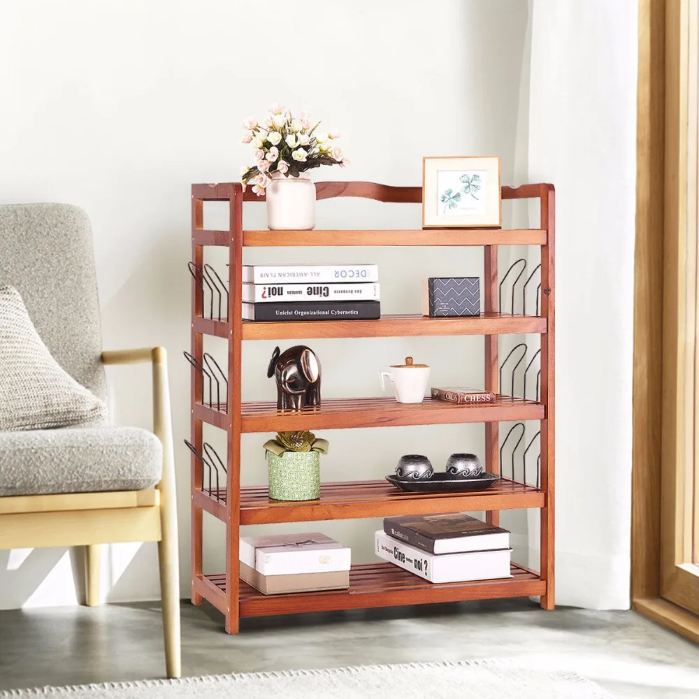 Giantex 5-Tier Wooden Shoe Rack Shelf Storage Organizer Entryway W/ 6 Shoe Stretcher Living Room Furniture HW57486