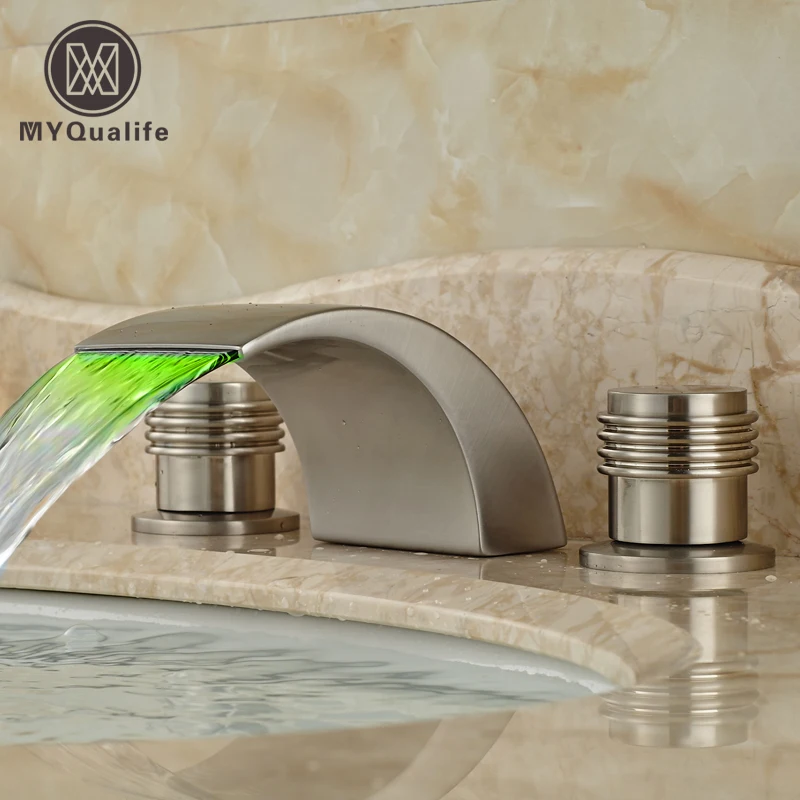 

Luxury Color Changing LED Light Basin Faucet Deck Mount Waterfall Bathroom Mixer Taps Brushed Nickel Finish