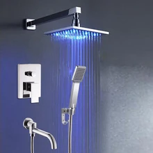 Modern Wall Mounted Bathroom Square LED Light Rain Shower Mixer Faucet Single Lever Swivel Tub Shower