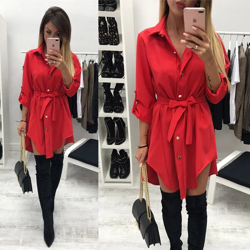 

2019 Irregular tie waist shirt dress Women autumn 2017 wrap dress Long sleeve turn down collar Army green red short mini dresses