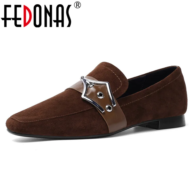 

FEDONAS 2020 New Autumn Winter Women Suede Leather Pumps Rome Square Toe Loafers Shoes Metal Buckle Party Casual Shoes Woman