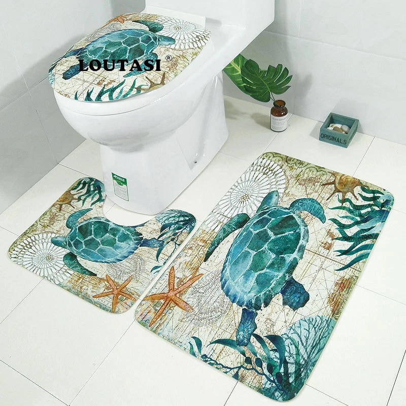 LOUTASI 3 шт./компл. морской Ванная комната Ковер Набор океан черепаха Осьминог морской конек Нескользящие пьедестал коврик для крышки унитаза Чехол коврик для ванной