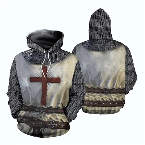 Средневековые воины храмовник костюм крестоносца 3D печать крестоносцев толстовки с капюшоном куртки капюшон для косплея толстовки человек Топ - Цвет: Серый