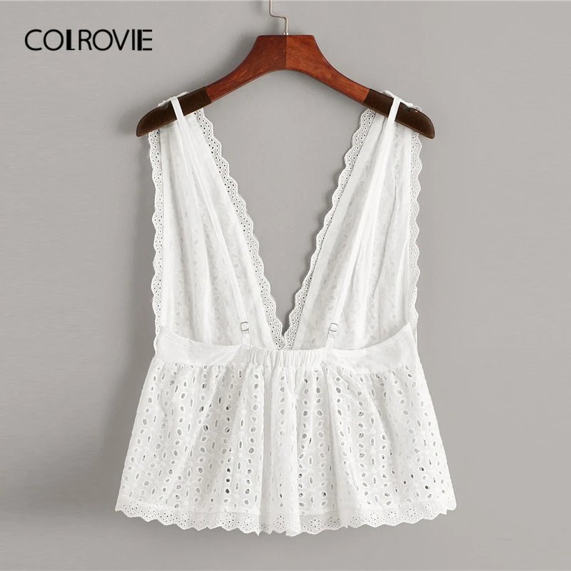 COLROVIE белый одноцветный Schiffy гофрированный подол глубокий v-образный вырез Бохо Топ Женская одежда летняя Корейская девчачья футболка праздничный жилет