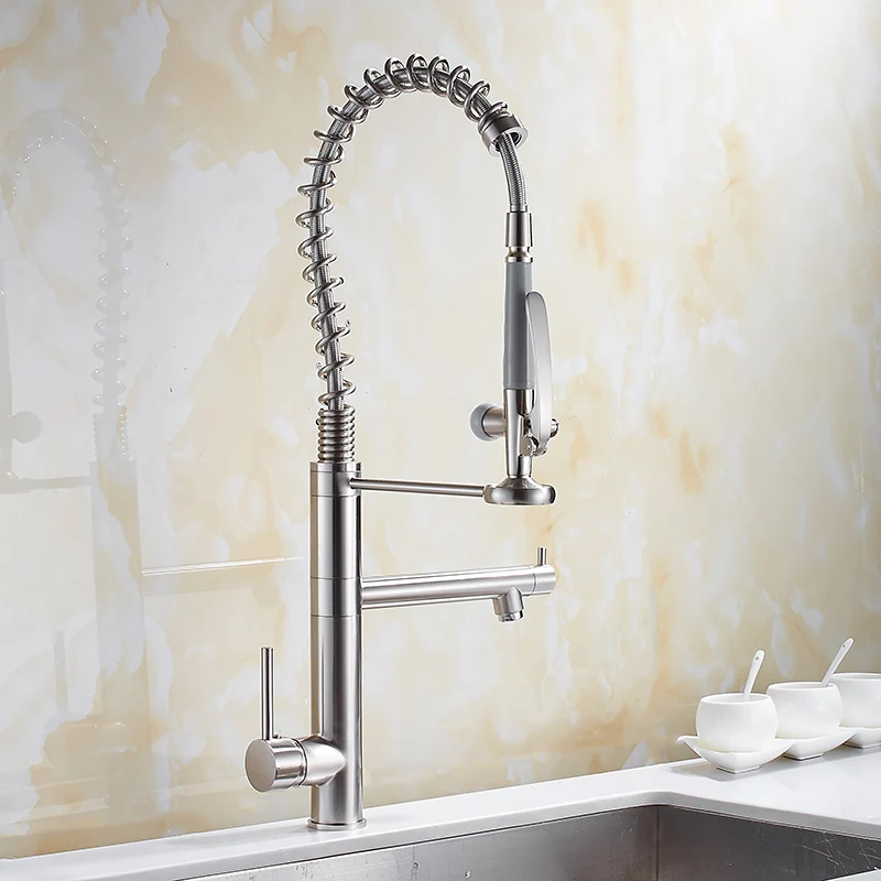 Kitchen Faucets Brush Brass Faucets for Kitchen Sink Single Lever Pull Out Spring Spout Mixers Tap Hot Cold Water Crane N22-156