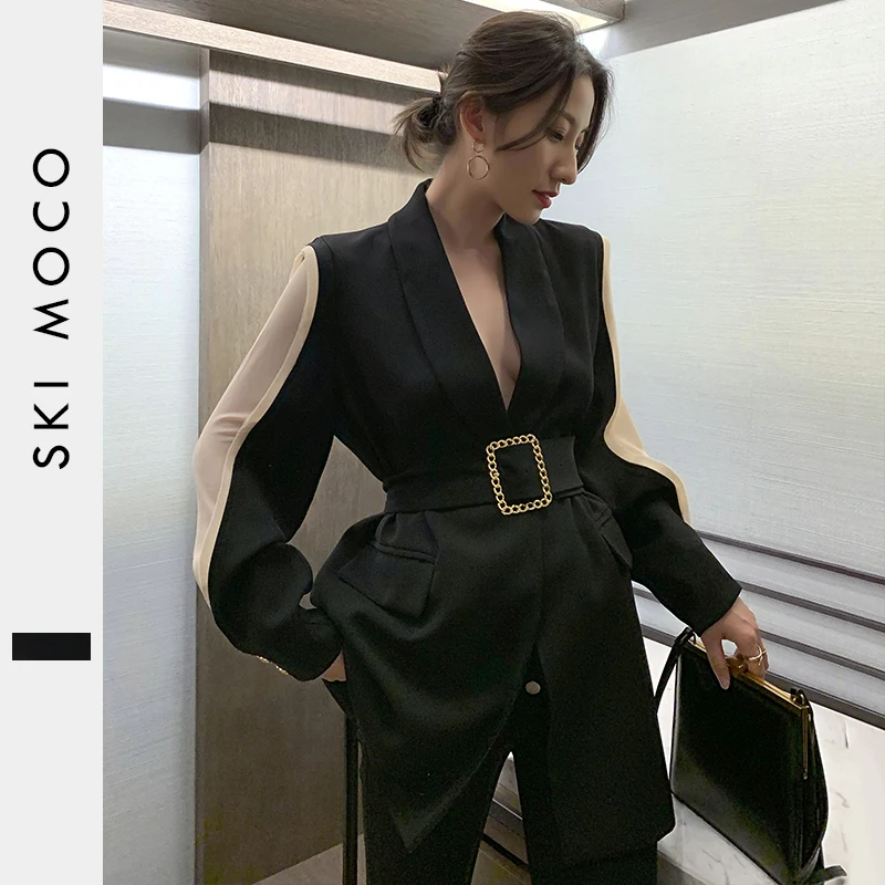 Runway Designer Trendy Chic Womens Blazer Belted Black Patchwork Metal Gold Button Fashion OL Ladies Jacket Coat Outwear